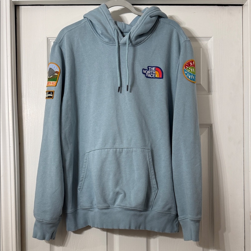 The North Face Light Blue Men's Hoodie with Patches - Size Large